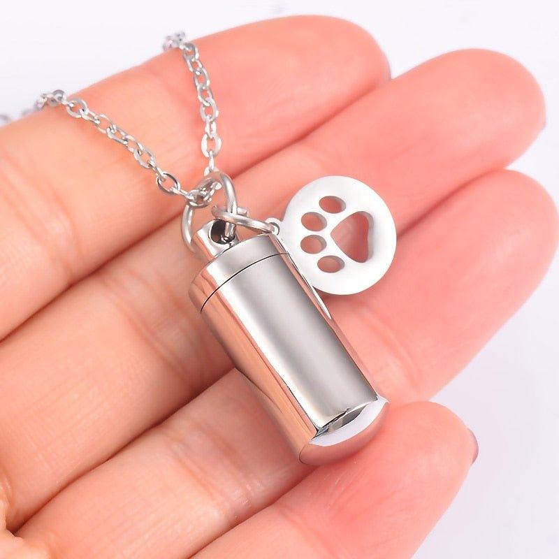 Pet Dog Paw Charm &amp; Cylinder Memorial Urn Necklace Stainless Steel Keepsake Pendant Ashes Holder Cremation Jewelry Dropshipping - furry-angles